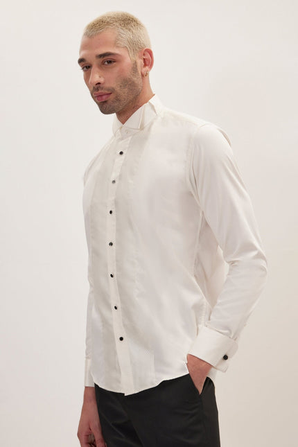Men's Pique Bib Tuxedo Shirt - Beige | Ron Tomson