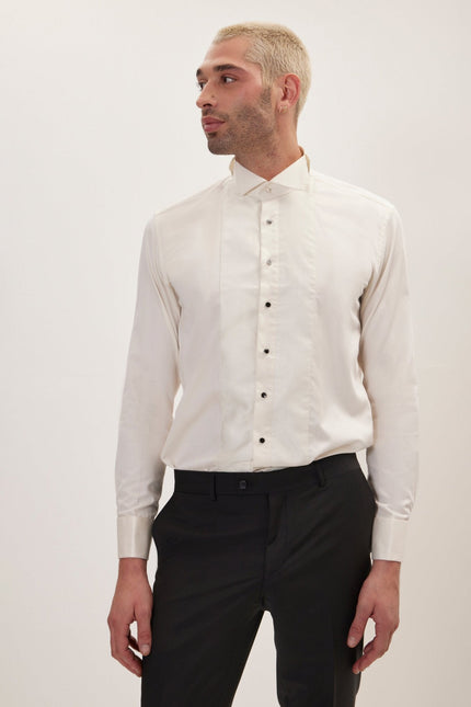 Men's Pique Bib Tuxedo Shirt - Beige | Ron Tomson