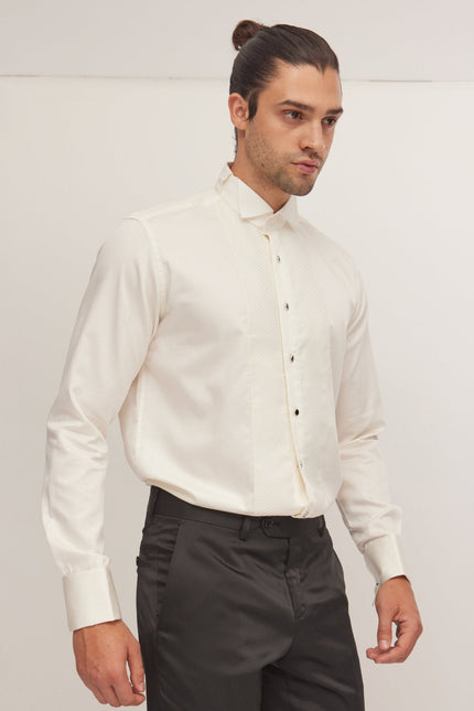 Men's Pique Bib Tuxedo Shirt - Beige | Ron Tomson