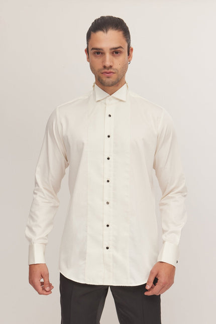 Men's Pique Bib Tuxedo Shirt - Beige | Ron Tomson