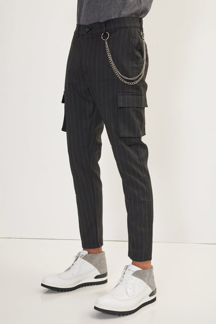 Men's Pinstriped Cargo Pants - Black Anthracite | Ron Tomson