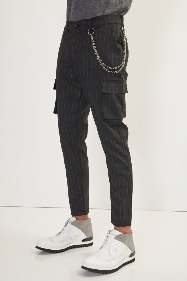 Men's Pinstriped Cargo Pants - Black Anthracite | Ron Tomson