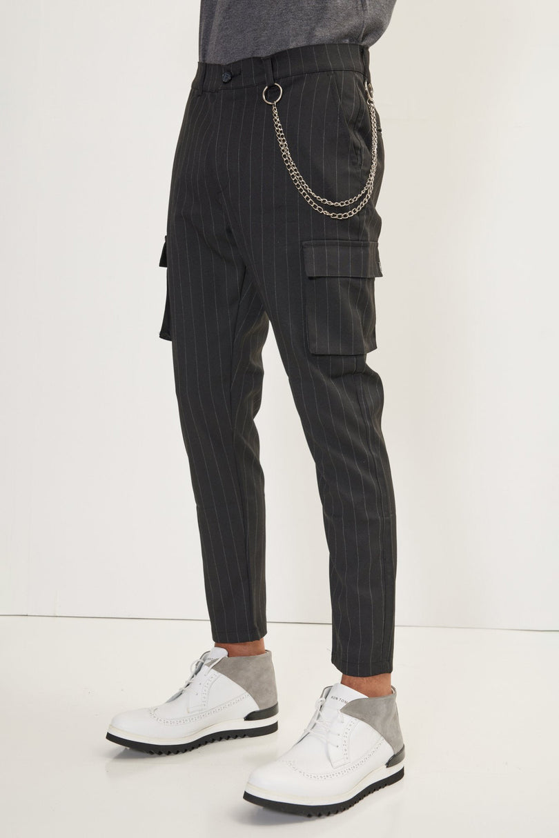 Men's Pinstriped Cargo Pants - Black Anthracite | Ron Tomson