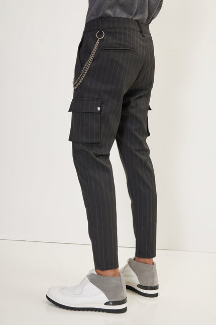 Men's Pinstriped Cargo Pants - Black Anthracite | Ron Tomson