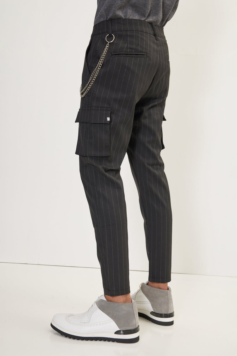 Men's Pinstriped Cargo Pants - Black Anthracite | Ron Tomson