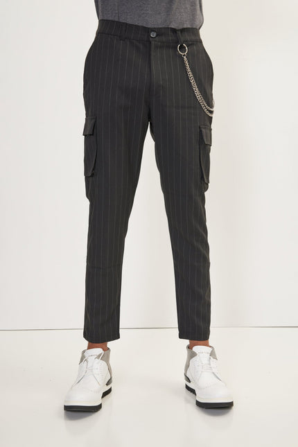 Men's Pinstriped Cargo Pants - Black Anthracite | Ron Tomson