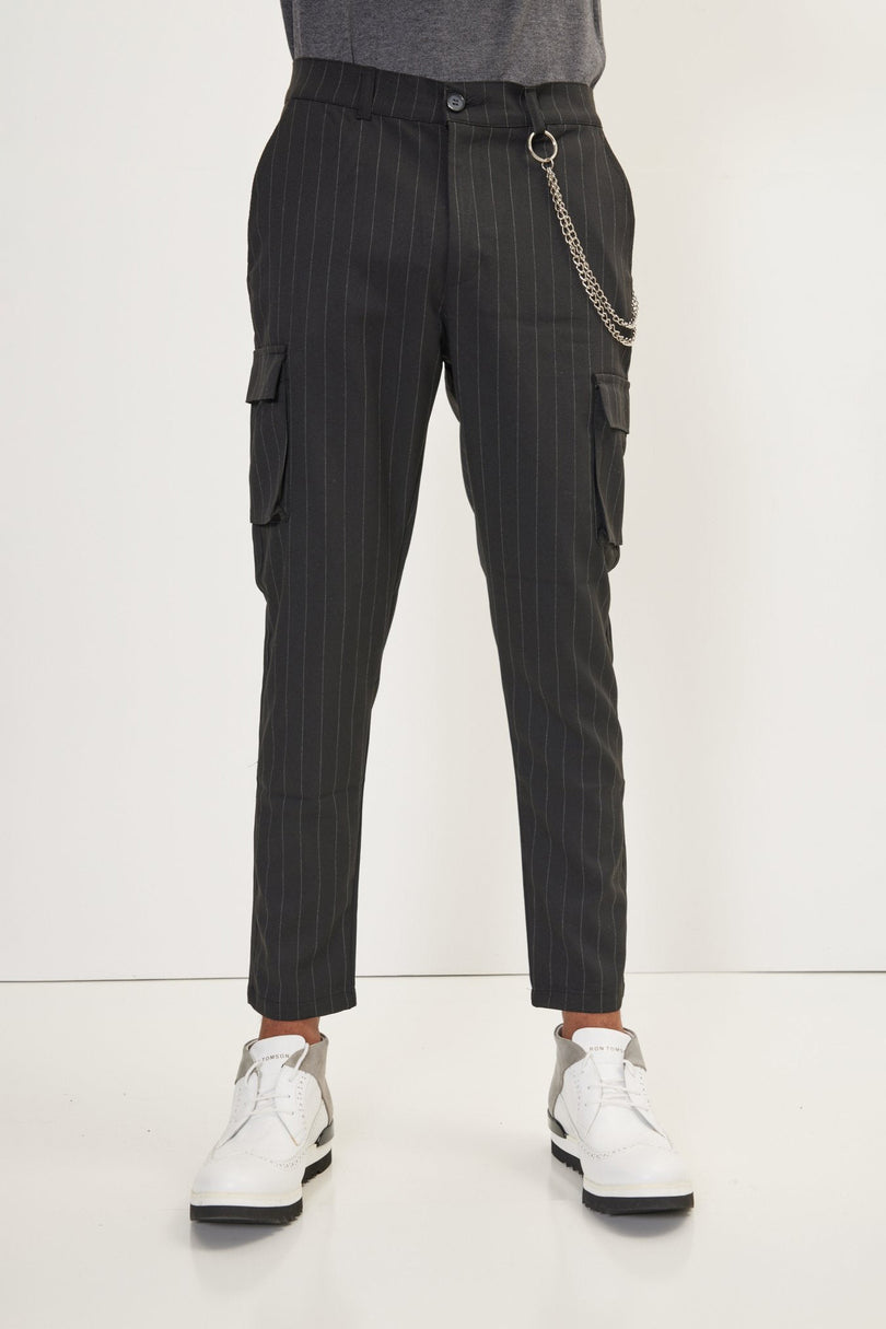 Men's Pinstriped Cargo Pants - Black Anthracite | Ron Tomson