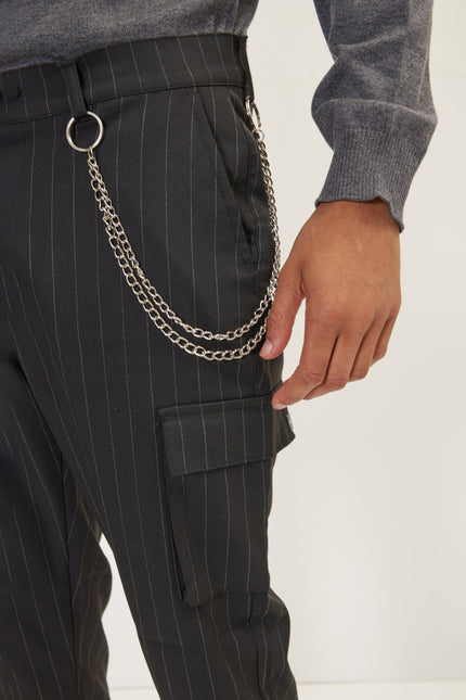 Men's Pinstriped Cargo Pants - Black Anthracite | Ron Tomson