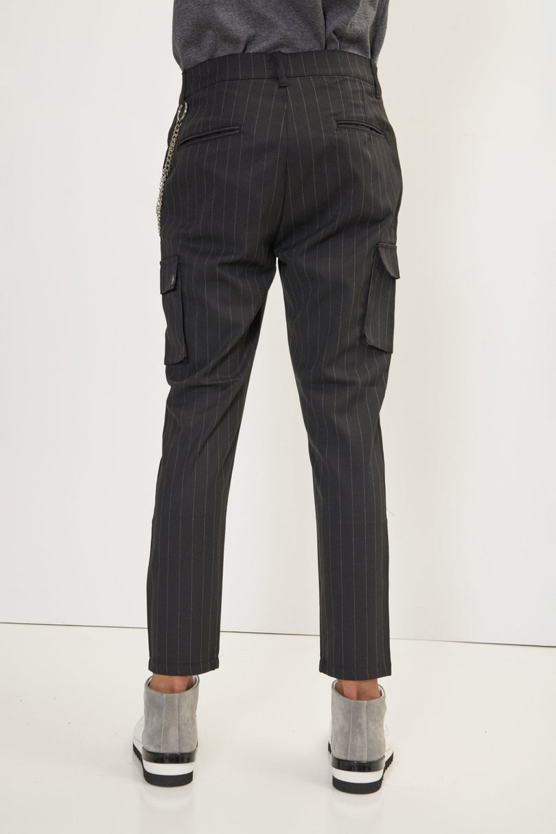 Men's Pinstriped Cargo Pants - Black Anthracite | Ron Tomson