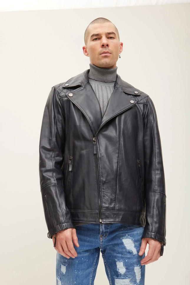 Men's Nappa Lambskin Motorcycle Jacket - Black | Ron Tomson