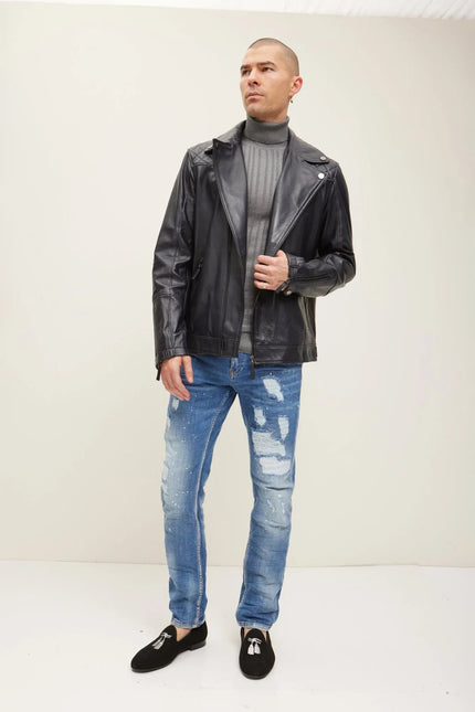 Men's Nappa Lambskin Motorcycle Jacket - Black | Ron Tomson