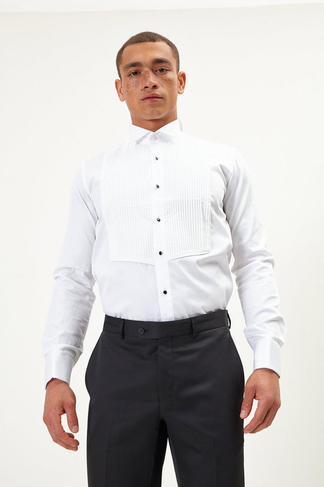 Men's Pleated Wing Collar Shirt - White | Ron Tomson