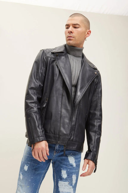 Men's Nappa Lambskin Motorcycle Jacket - Black | Ron Tomson