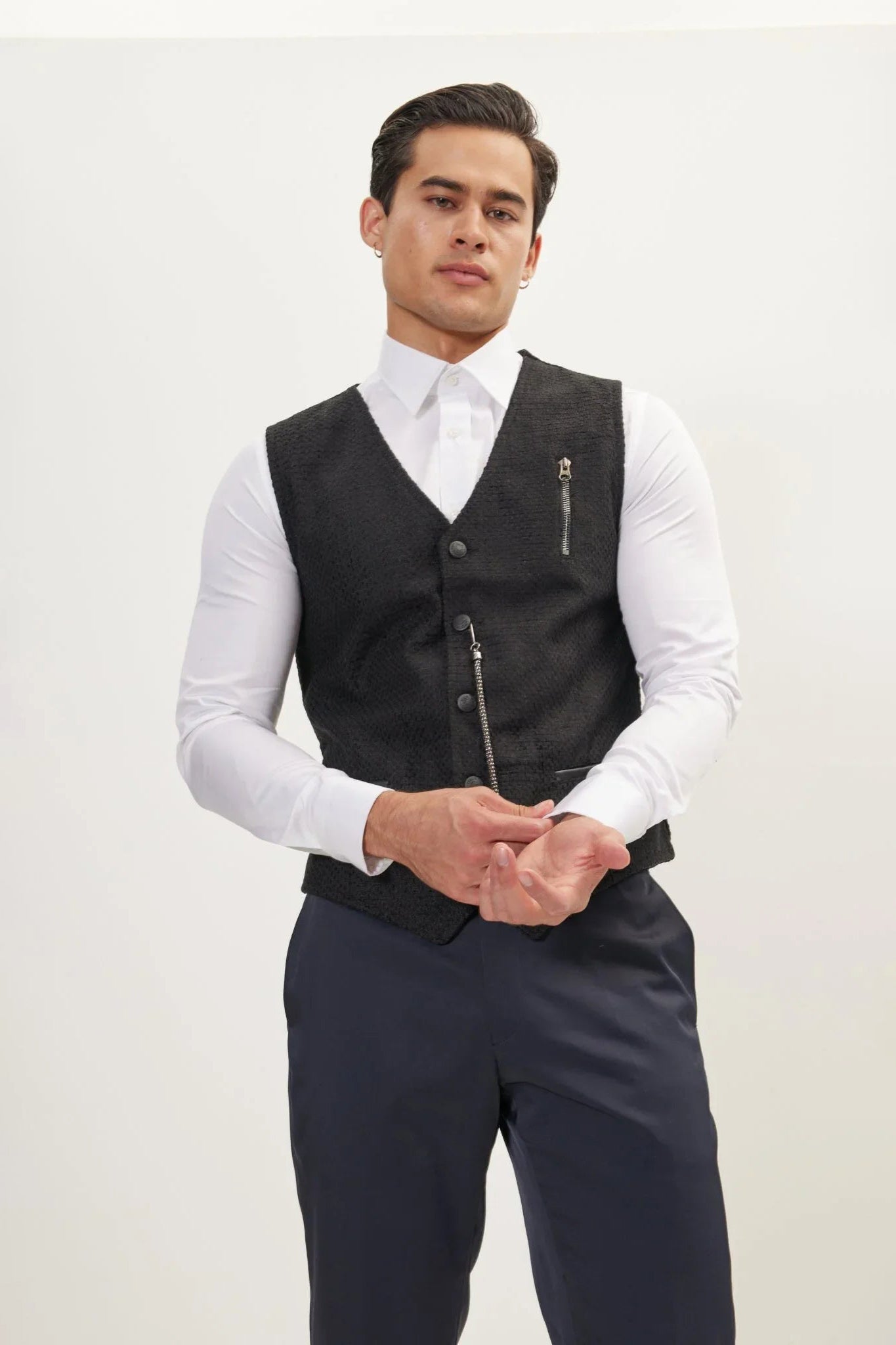 Men's Wool Pique Pocket-Watch Chain Waistcoat - Black