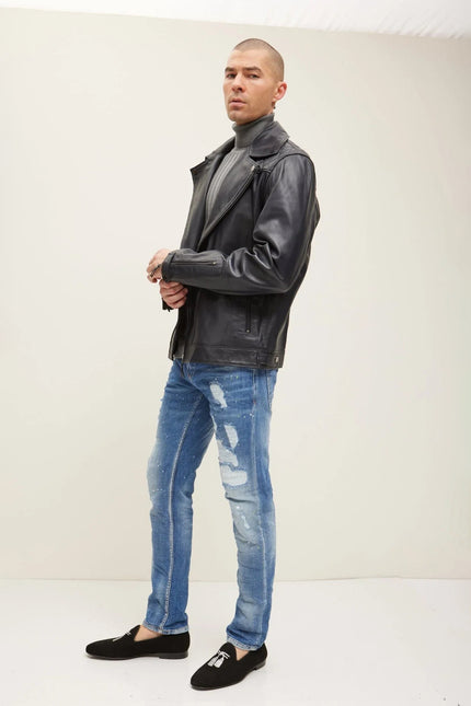 Men's Nappa Lambskin Motorcycle Jacket - Black | Ron Tomson
