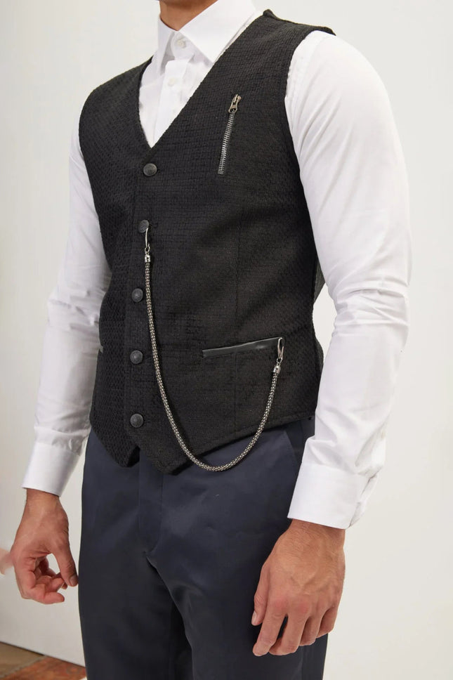 Men's Wool Pique Pocket-Watch Chain Waistcoat - Black | Ron Tomson