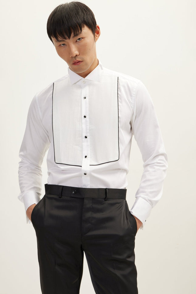 Men's Pleated Wing Collar Tuxedo Shirt - White | Ron Tomson
