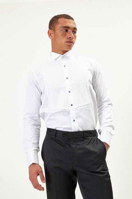 Men's Pleated Wing Collar Shirt - White | Ron Tomson