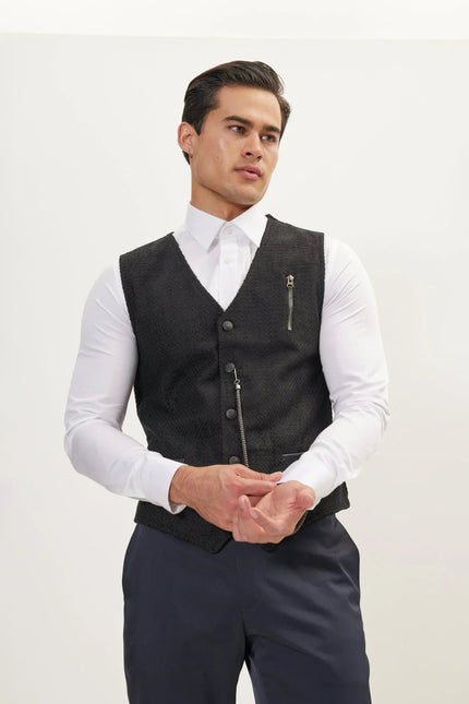 Men's Wool Pique Pocket-Watch Chain Waistcoat - Black | Ron Tomson