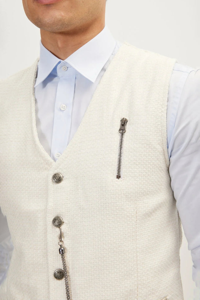 Men's Wool Pique Pocket-Watch Chain Waistcoat - Ecru | Ron Tomson