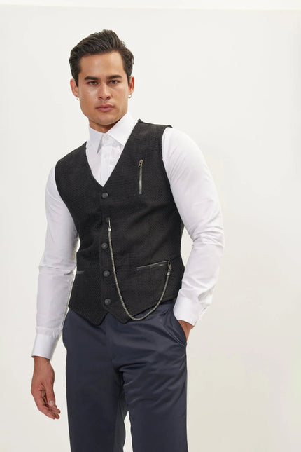 Men's Wool Pique Pocket-Watch Chain Waistcoat - Black | Ron Tomson