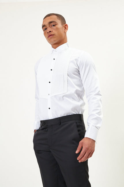 Men's Pleated Wing Collar Shirt - White | Ron Tomson