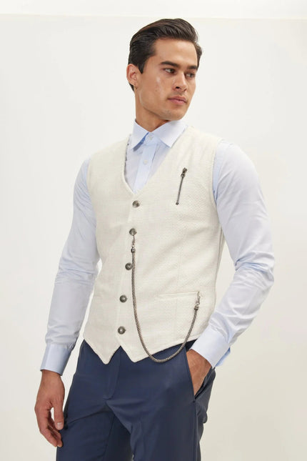 Men's Wool Pique Pocket-Watch Chain Waistcoat - Ecru | Ron Tomson