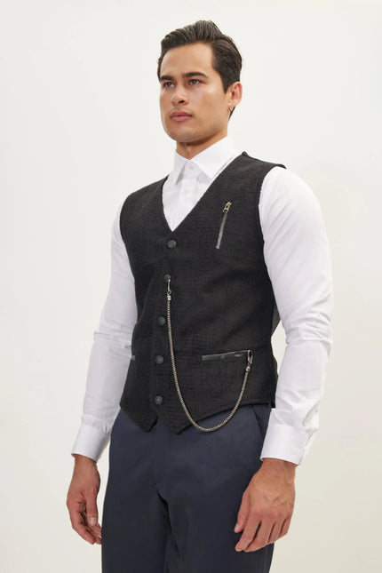 Men's Wool Pique Pocket-Watch Chain Waistcoat - Black | Ron Tomson