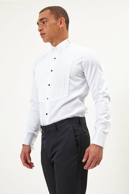 Men's Pleated Wing Collar Shirt - White | Ron Tomson