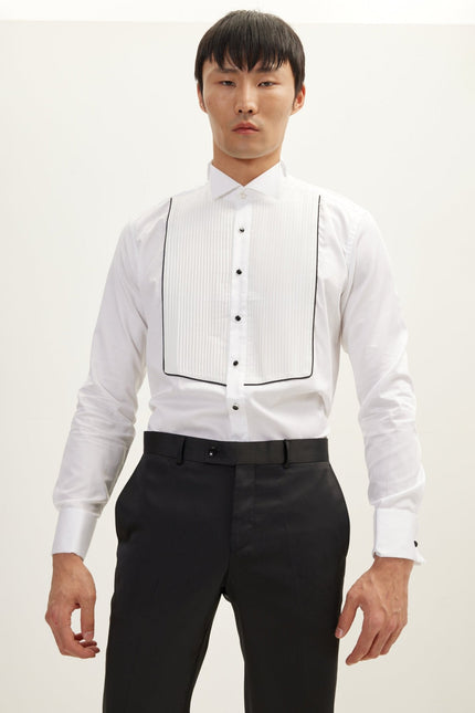 Men's Pleated Wing Collar Tuxedo Shirt - White | Ron Tomson