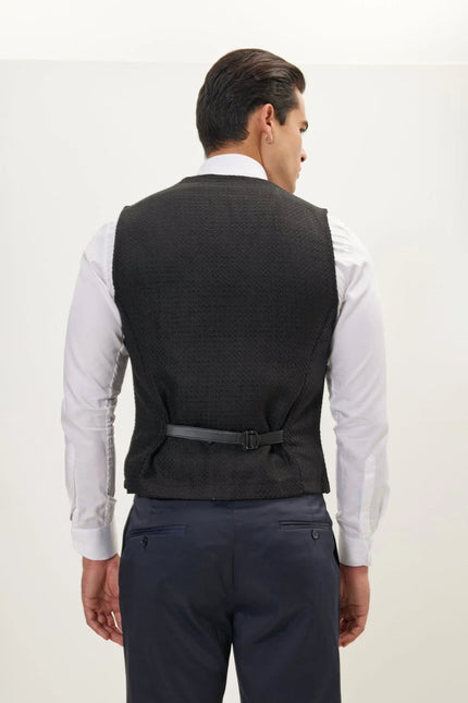 Men's Wool Pique Pocket-Watch Chain Waistcoat - Black | Ron Tomson