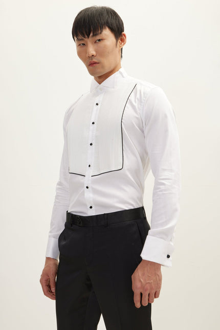 Men's Pleated Wing Collar Tuxedo Shirt - White | Ron Tomson