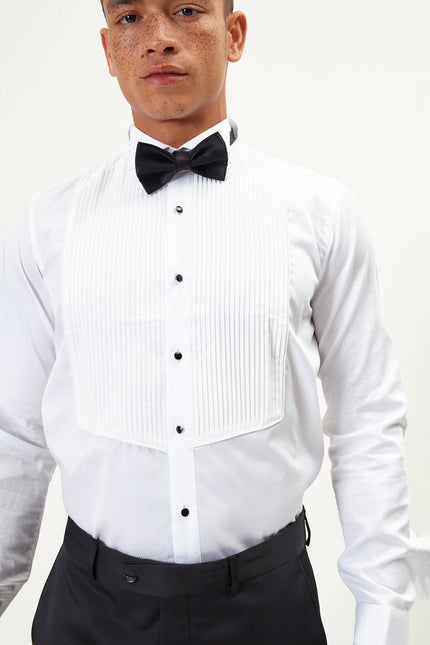Men's Pleated Wing Collar Shirt - White | Ron Tomson