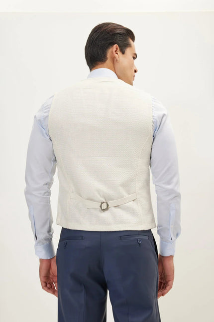 Men's Wool Pique Pocket-Watch Chain Waistcoat - Ecru | Ron Tomson
