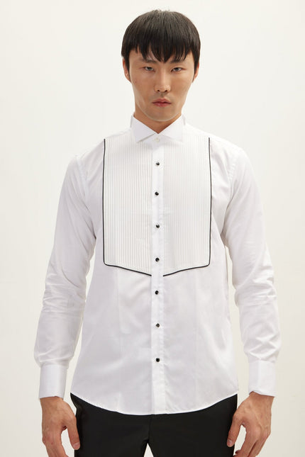 Men's Pleated Wing Collar Tuxedo Shirt - White | Ron Tomson