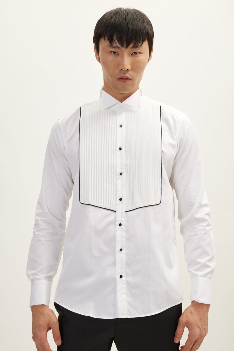 Men's Pleated Wing Collar Tuxedo Shirt - White | Ron Tomson