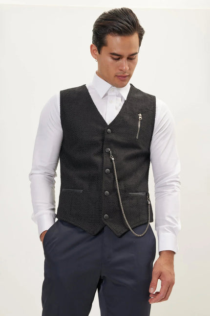 Men's Wool Pique Pocket-Watch Chain Waistcoat - Black | Ron Tomson