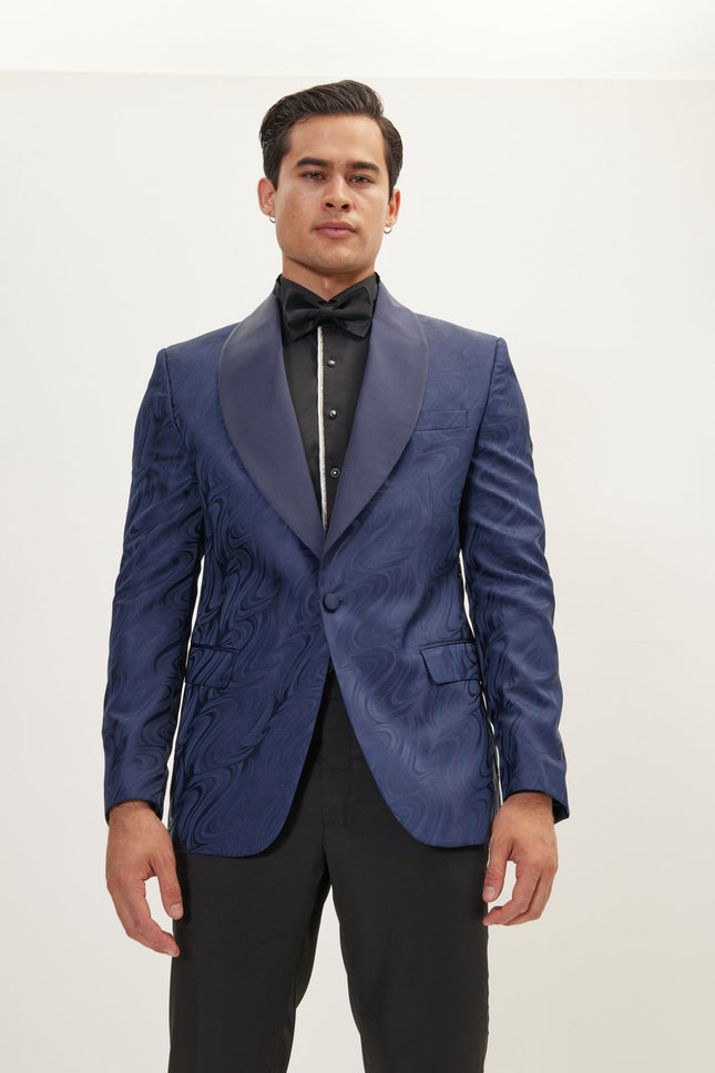 Men's Psychedelic Texture Shawl Lapel Tuxedo Jacket- Navy | Ron Tomson