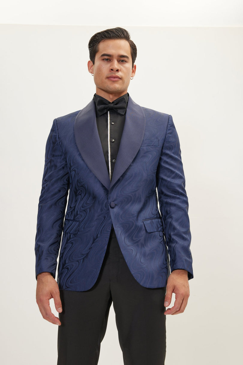 Men's Psychedelic Texture Shawl Lapel Tuxedo Jacket- Navy | Ron Tomson