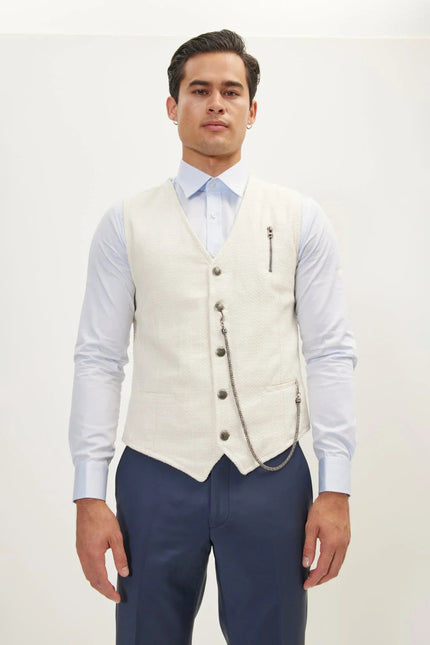 Men's Wool Pique Pocket-Watch Chain Waistcoat - Ecru | Ron Tomson