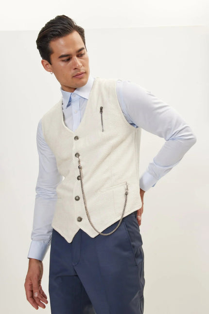 Men's Wool Pique Pocket-Watch Chain Waistcoat - Ecru | Ron Tomson