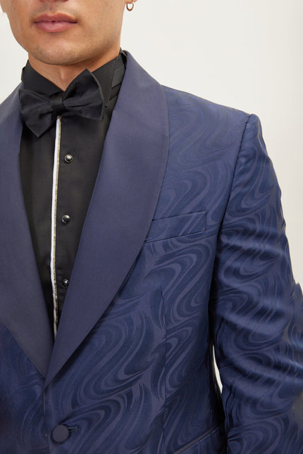 Men's Psychedelic Texture Shawl Lapel Tuxedo Jacket- Navy | Ron Tomson