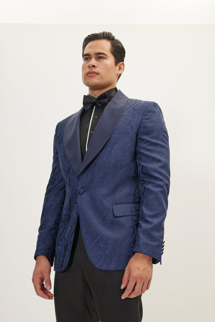 Men's Psychedelic Texture Shawl Lapel Tuxedo Jacket- Navy | Ron Tomson