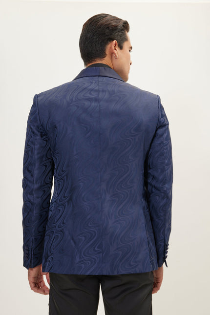 Men's Psychedelic Texture Shawl Lapel Tuxedo Jacket- Navy | Ron Tomson