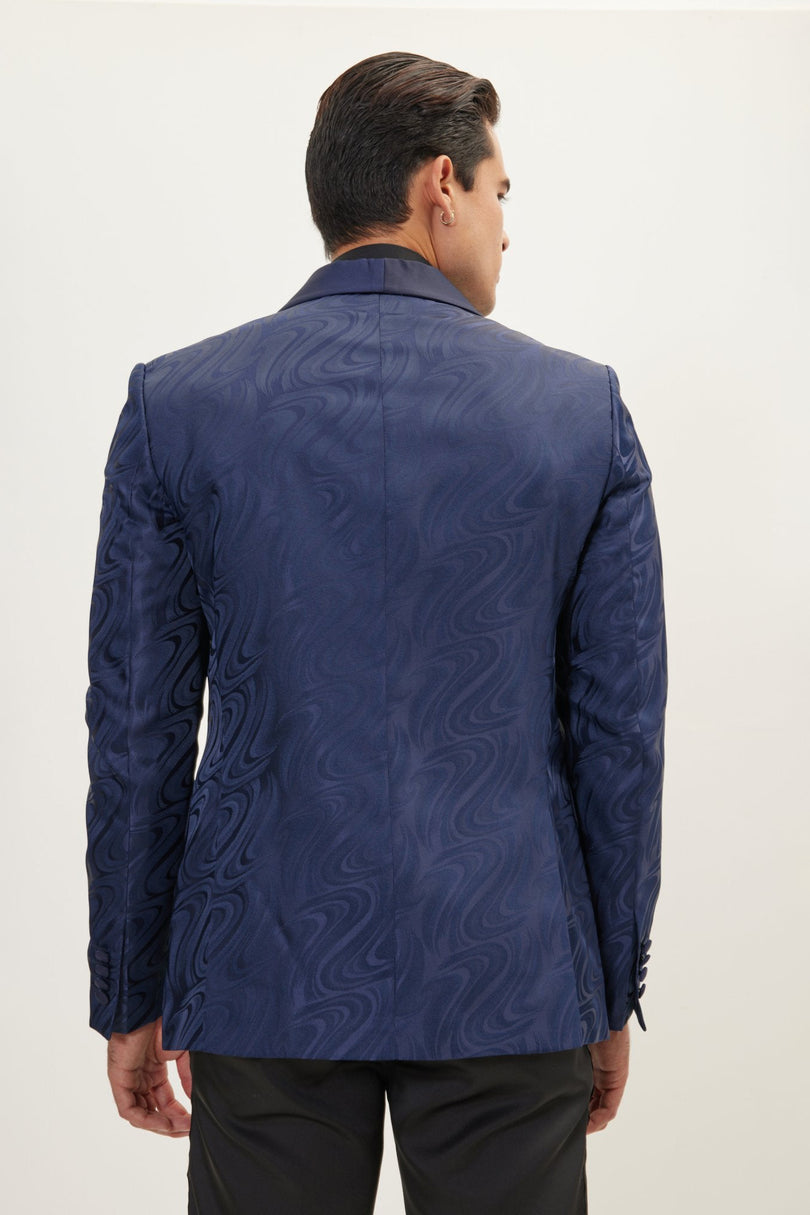 Men's Psychedelic Texture Shawl Lapel Tuxedo Jacket- Navy | Ron Tomson