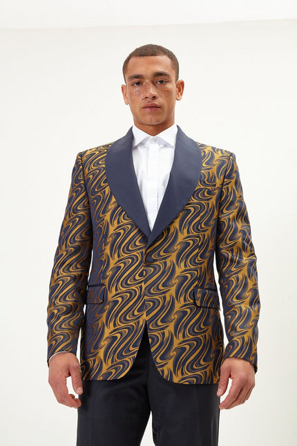 Men's Psychedelic Texture Shawl Lapel Tuxedo Jacket - Navy Gold | Ron Tomson