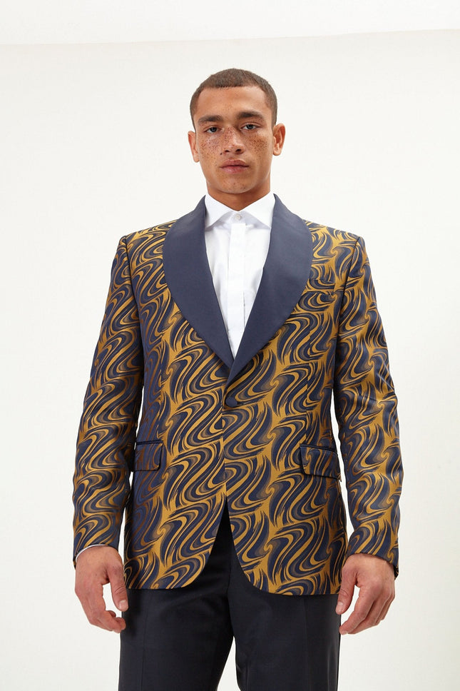 Men's Psychedelic Texture Shawl Lapel Tuxedo Jacket - Navy Gold | Ron Tomson