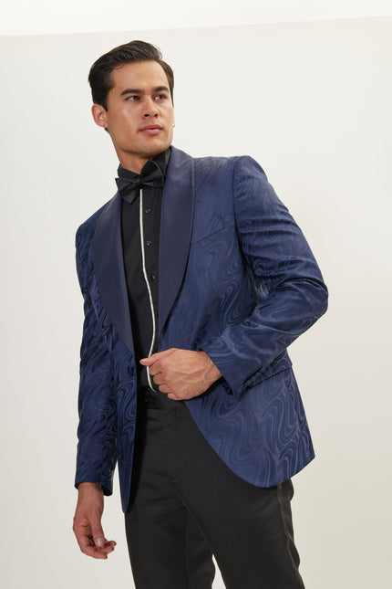 Men's Psychedelic Texture Shawl Lapel Tuxedo Jacket- Navy | Ron Tomson