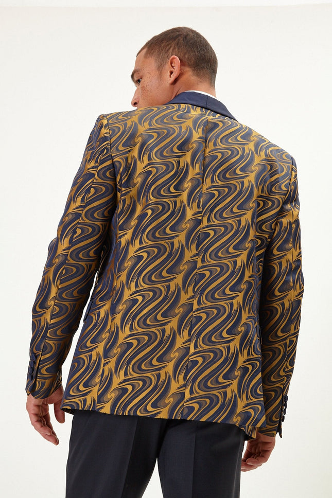 Men's Psychedelic Texture Shawl Lapel Tuxedo Jacket - Navy Gold | Ron Tomson