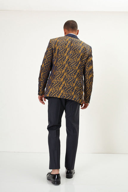 Men's Psychedelic Texture Shawl Lapel Tuxedo Jacket - Navy Gold | Ron Tomson